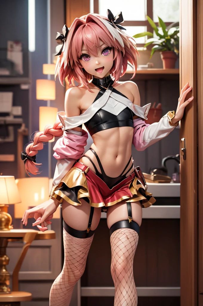 masterpiece、Highest quality、astolfo, Beautiful and slim perfect body, rasgos muy females, cuerpo female sexy muy delgado, flat chest, not breasts, very innocent smile, bright pink hair, spiky hair, short hair, a long braid, lock of white hair on left side, top that barely goes up the chest, off shoulder top, long fishnet stockings, female, small bulge in skirt, not penis, Eating an ice-cream, walking on forestt、Full body painting、 girl、Ultra-detailed illustrations、Perfect body、Perfect Style、Slender beauty、tall beautiful femboy、A cheerful smile、extremely cute and beautiful femboy、femboy、Poses provoking men、Heavy breathing、Expressions of rutting、Very delicate and beautiful face and eyes、Detailed and sophisticated eyes、Beautiful Eyes、Beautiful Hair、Beautiful messy pink short hair、alone, 1femboy in、Dynamic Angle、Full Shot、Wide Shota Star Piece, Highest quality, ,Tube top、Navel costume、hot skirt、Shorts、garter belt、Flight jacket、、Knee-high socks、Knee-high boots、 Long sleeve、Narrow waist、Shortsからはみ出る尻、Big Ass、Accentuated buttocks、Thin legs、