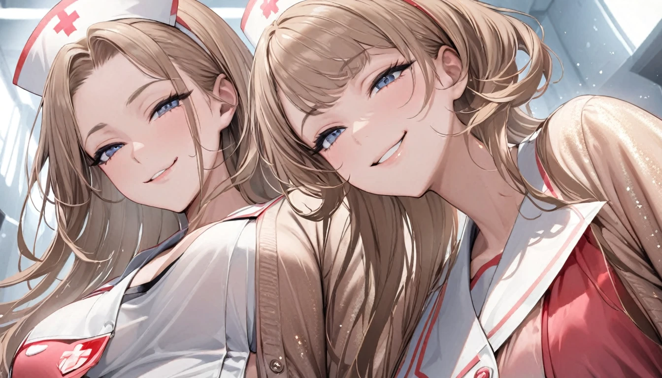 From below, Portraiture, Kind and beautiful nurse, Cool face, A shy smile, Superb proportions, She is wearing a loose cardigan over her nurse uniform., Glitter effect, fog effect、smug face、Cowboy Shot