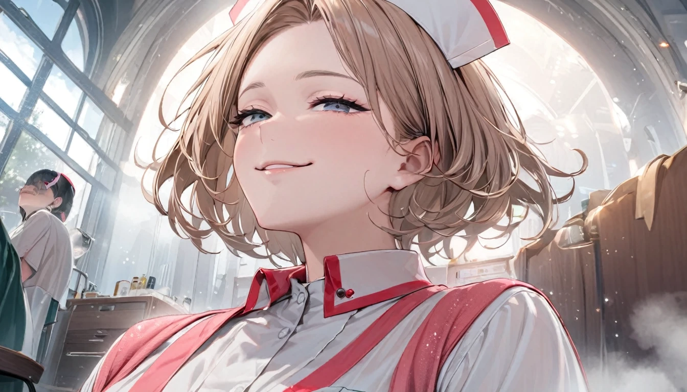 From below, Portraiture, Kind and beautiful nurse, Cool face, A shy smile, Superb proportions, She is wearing a loose cardigan over her nurse uniform., Glitter effect, fog effect、smug face、
