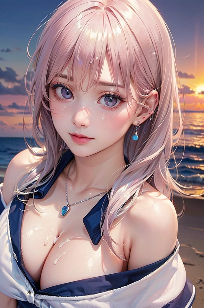 (Masterpiece, BestQuality:1.3), (ultra detailed:1.2), (hyperrealistic:1.3), (RAW photo:1.2), High detail RAW color photo, professional photograph, (Photorealistic:1.4), (realistic:1.4), professional lighting, perfect anatomy, (Big Breasts:1.2), (blush, detailed face), (cheerful Smile:1.5), (Pink Hair:1.5), Trending Hair&Trending Hairカラーをランダムに, earrings, necklace, bracelet, sexly, erotic sexly, Random sexy gravure poses, (On the beach in the setting sun、Sexy beauty in black lace bikini。Lying on the sandy beach、Smiling sensually at the camera。Wet hair gives off an erotic charm。: 1.3)