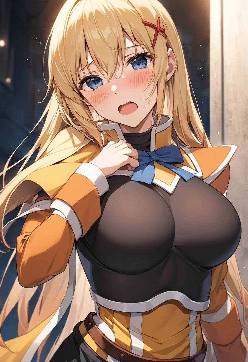 masterpiece, Highest quality, High resolution,(Darkness), (KonoSuba),30 years old, adult lady, (tall:1.2),Height: 170cm,fashion model body shape, 1990s\(style\),(E-cup beautiful breasts),White and orange armor、Black long sleeve underwear,Red hair clip in hair,Sweating all over the body,Muscular、blush、Shyness、Open your mouth wide,blonde、Long Hair、Pointed eye corners,Composition focusing on the upper body,(solo),The background is outdoors,Anime-style painting style,Cinema Lighting,Superfine