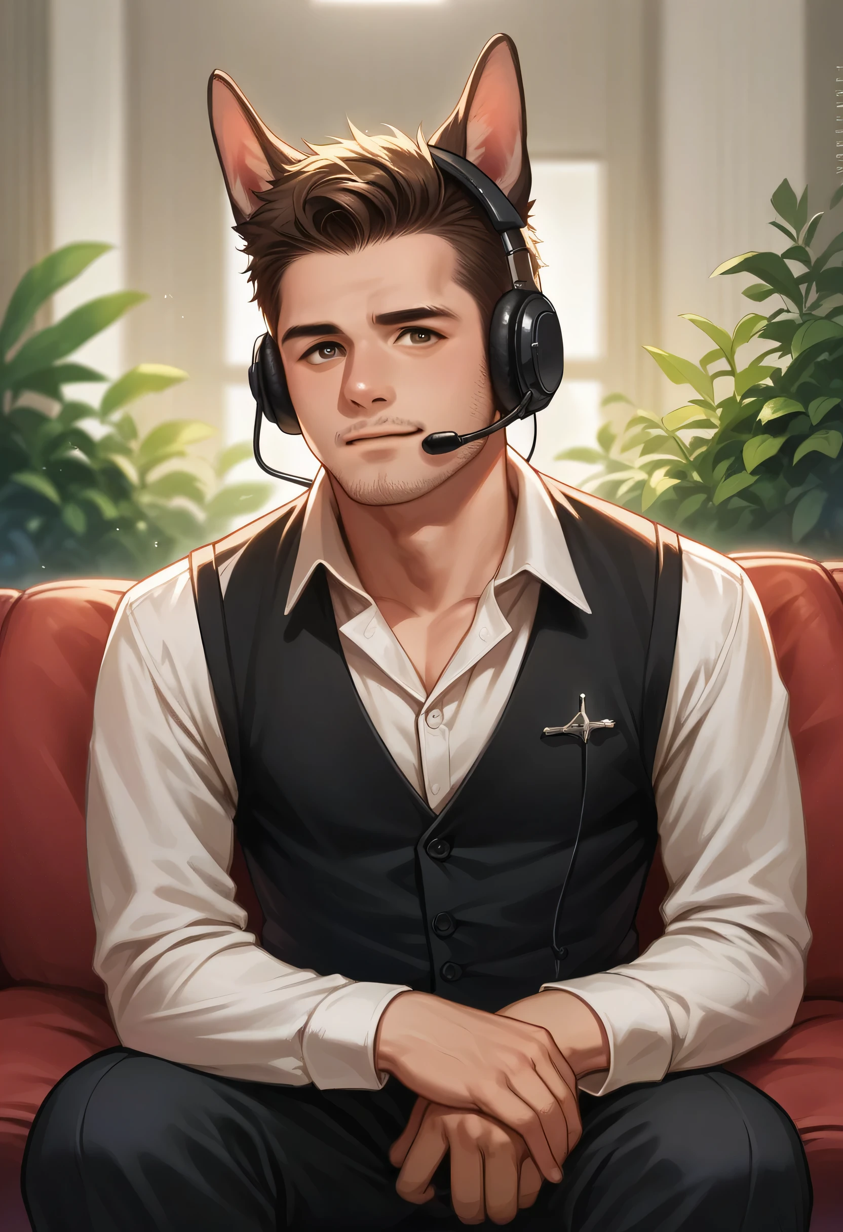 realistic image, a man, wearing formal clothes, sit down, with ears using a headset, in front of it there is a mic,