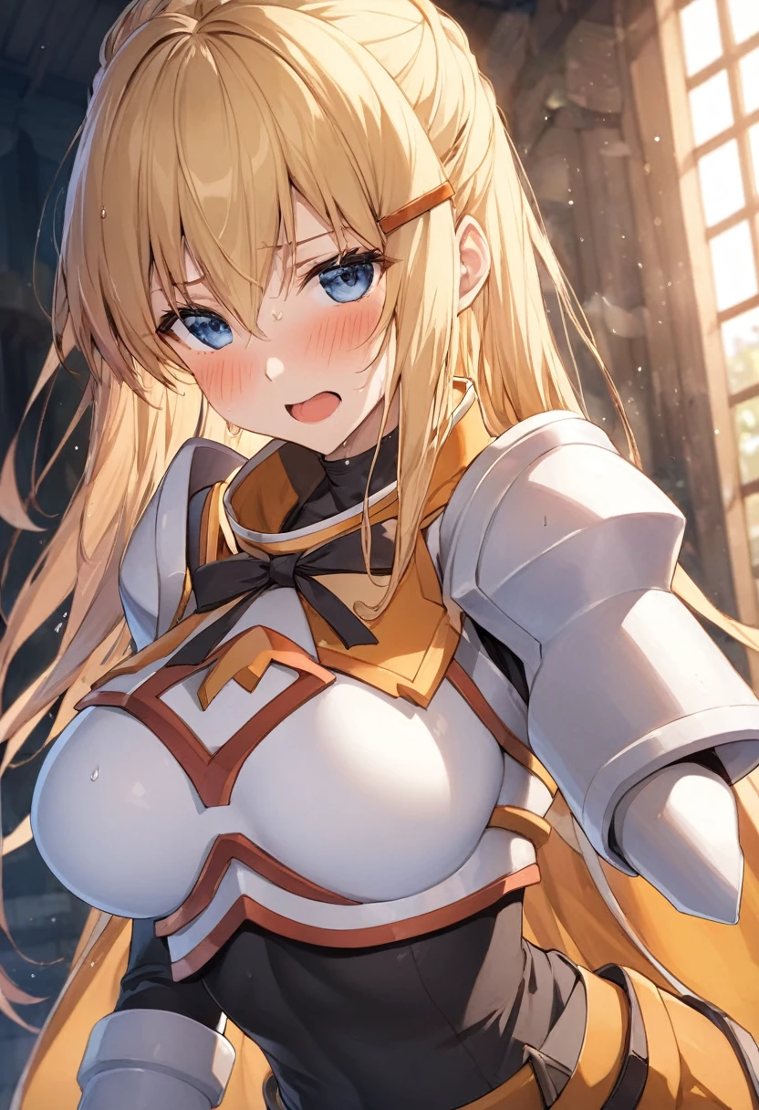 masterpiece, Highest quality, High resolution,(Darkness), (KonoSuba),30 years old, adult lady, (tall:1.2),Height: 170cm,fashion model body shape, 1990s\(style\),(E-cup beautiful breasts),White and orange armor、Part of the armor is destroyed, exposing the skin.,Black long sleeve underwear,Red hair clip in hair,Sweating all over the body,Muscular、blush、Shyness、Open your mouth wide,blonde、Long Hair、Pointed eye corners,Composition focusing on the upper body,(solo),The background is outdoors,Anime-style painting style,Cinema Lighting,Superfine