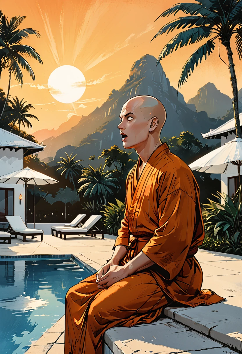 ((profile angele)),((open mouth)),(sunrise),profile portrait blind Buddhist monk sitting with open mouth next to the pool at the white hotel, tropical, palm, white hotel, pool, round face, white eyes, no eyebrows, no hair, bald, paw-eared, round cheeks, narrow lips, man, white sclera eyes, Whitewash Eyes, ((orange Kashaya)), graphic style of novel comics, perfect hands, 2d, 8k, hyperrealism, masterpiece, high resolution, best quality, ultra-detailed, super realistic, Hyperrealistic art, high-quality, ultra high res, highest detailed, lot of details, Extremely high-resolution details, incredibly lifelike, colourful, soft cinematic light,