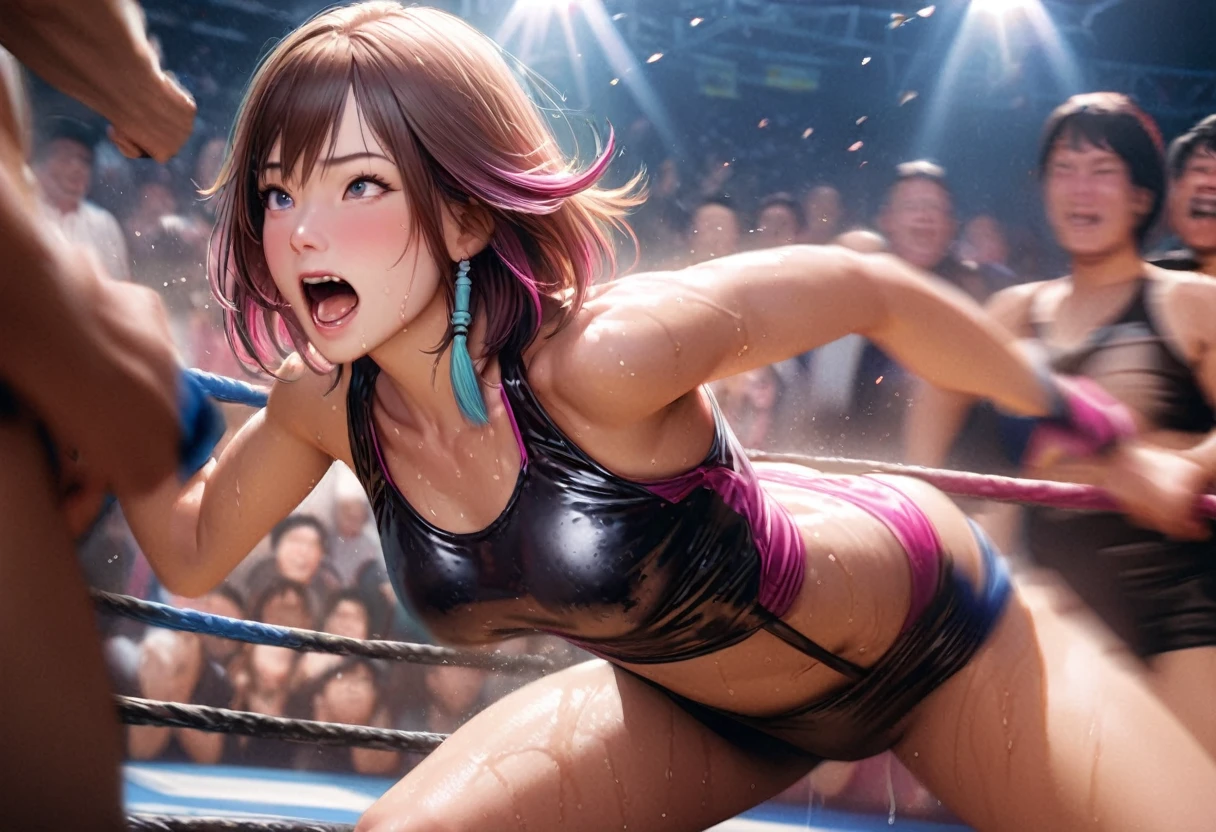 cute female fighter, Yuna, tiny wrestling outfit, sweaty, wrestling ring in Japan, bigger and stronger opponent, pulling off Yuna's outfit, excited crowd, high quality, 8k, realistic, photorealistic, extremely detailed, sharp focus, vivid colors, dramatic lighting, cinematic, action scene, dynamic pose, motion blur, focus on Yuna's butt