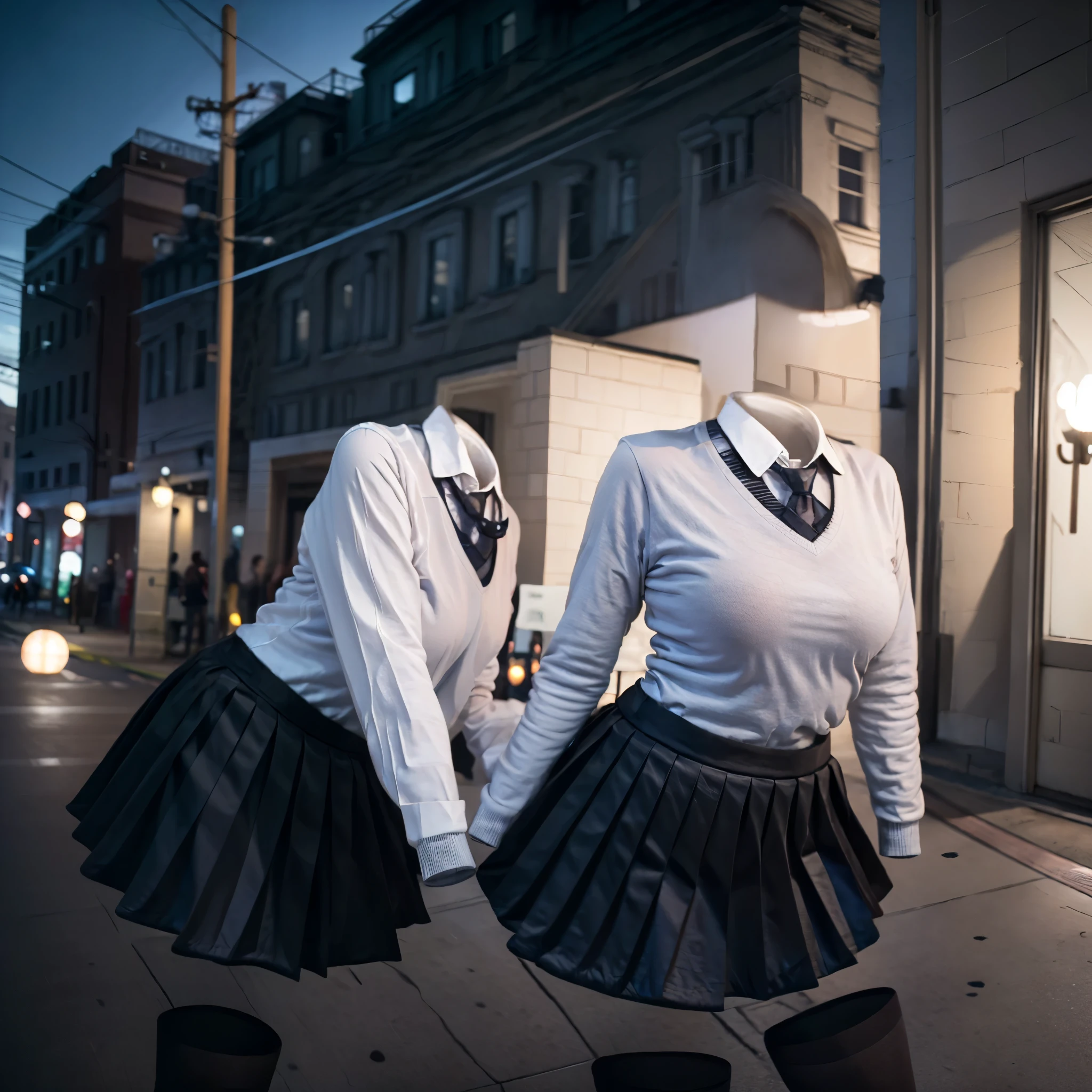 (invisible, no humans, headless, handless, faceless:1.5),(cute big breasts), (close-up to breast), dark blue sweater, necktie,white collared shirt,blue pleated skirt, pantyhose,school emblem, st. gloriana's school uniform, leaning forward, (8k, RAW photo, best quality, masterpiece:1.2), (realistic, photo-realistic:1.37), photon mapping, radiosity, ((Hasselblad photography)), physically-based rendering