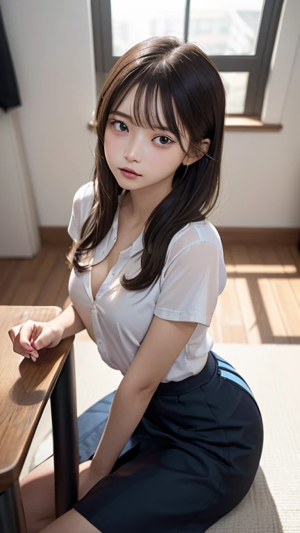 Fascinating anime, [ 4K Digital Art ]!!,Hyperrealistic Painting, Art with attention to detail, 8K High Resolution, Detailed Art,Curvy Tanned Gal,(puppet,Thick lips:1.2),Dress shirt,cardigan,,Side details,Pleated skirt,Brown Loafers,Blonde Hair,(Dark Skip:1.3),loose socks,Sweaty,close,Squatting on a desk,In the classroom,(Blushed),、((Spread your legs、Panties in full view))