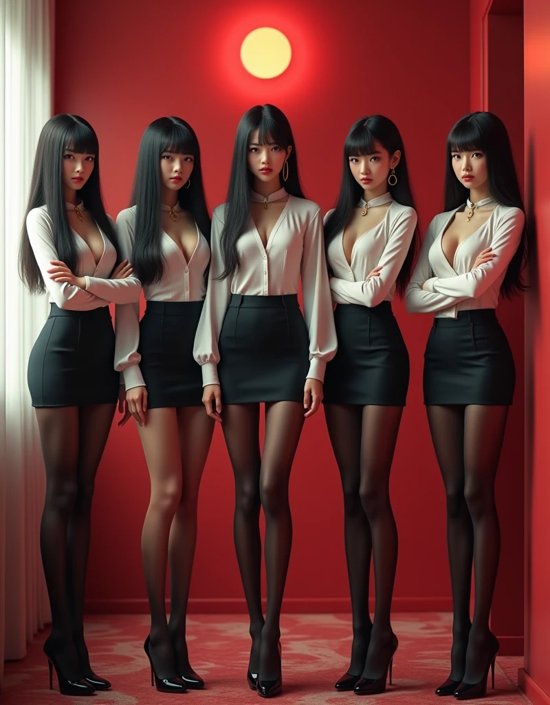 masterpiece, two girls, official, beautiful, slender sexy, beautiful face, perfect face, detailed face, makeup, bright lipstick, dark shadows, long hair, seductive facial expression, sexy face, big breasts, black shirt, unbuttoned top buttons, office white tight short skirt, lace stockings, erotica, hentai, high detail, high quality,