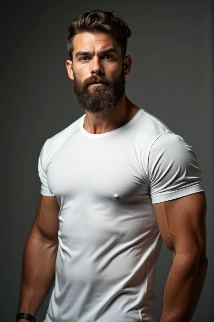 mascle, brawny, glasses, White tank top, tattered jeans, brown boots, watch on wrist, arm hair, full beard, Gradient, is 30 years old, mellow, hard dick out of zipper, beating until cum
