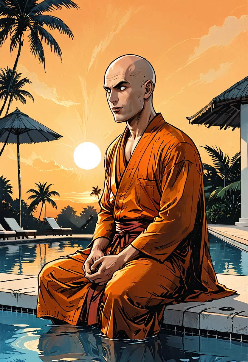 ((profile angele)),((open mouth)),(sunrise),profile portrait blind Buddhist monk sitting with open mouth next to the pool at the white hotel, tropical, palm, white hotel, pool, round face, white eyes, no eyebrows, no hair, bald, paw-eared, round cheeks, narrow lips, man, white sclera eyes, Whitewash Eyes, ((orange Kashaya)), graphic style of novel comics, perfect hands, 2d, 8k, hyperrealism, masterpiece, high resolution, best quality, ultra-detailed, super realistic, Hyperrealistic art, high-quality, ultra high res, highest detailed, lot of details, Extremely high-resolution details, incredibly lifelike, colourful, soft cinematic light,