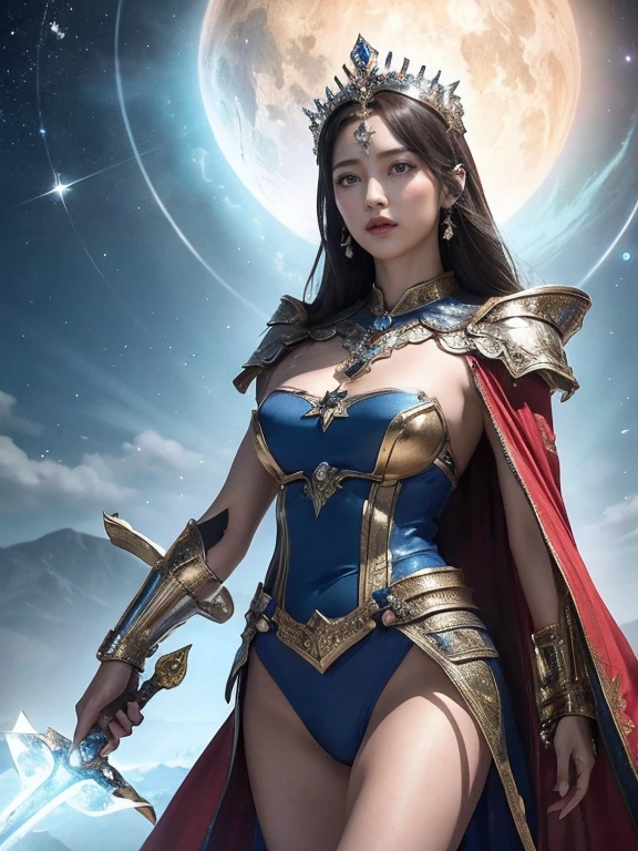 Highest quality, masterpiece, Realistic, High resolution, 8K RAW Photos, 1 girl、Long Hair、goddess、Has a decorated sword、Raise your sword、((Glamour body:1.3))、(Blue bodysuit with ice motif、Gold Edge、Red Cape)、Silver Pendant、Silver earrings、(((Action pose)))、(On the ice of a planet where Mercury is visible)、(Many ice crystals floating in the starry sky)