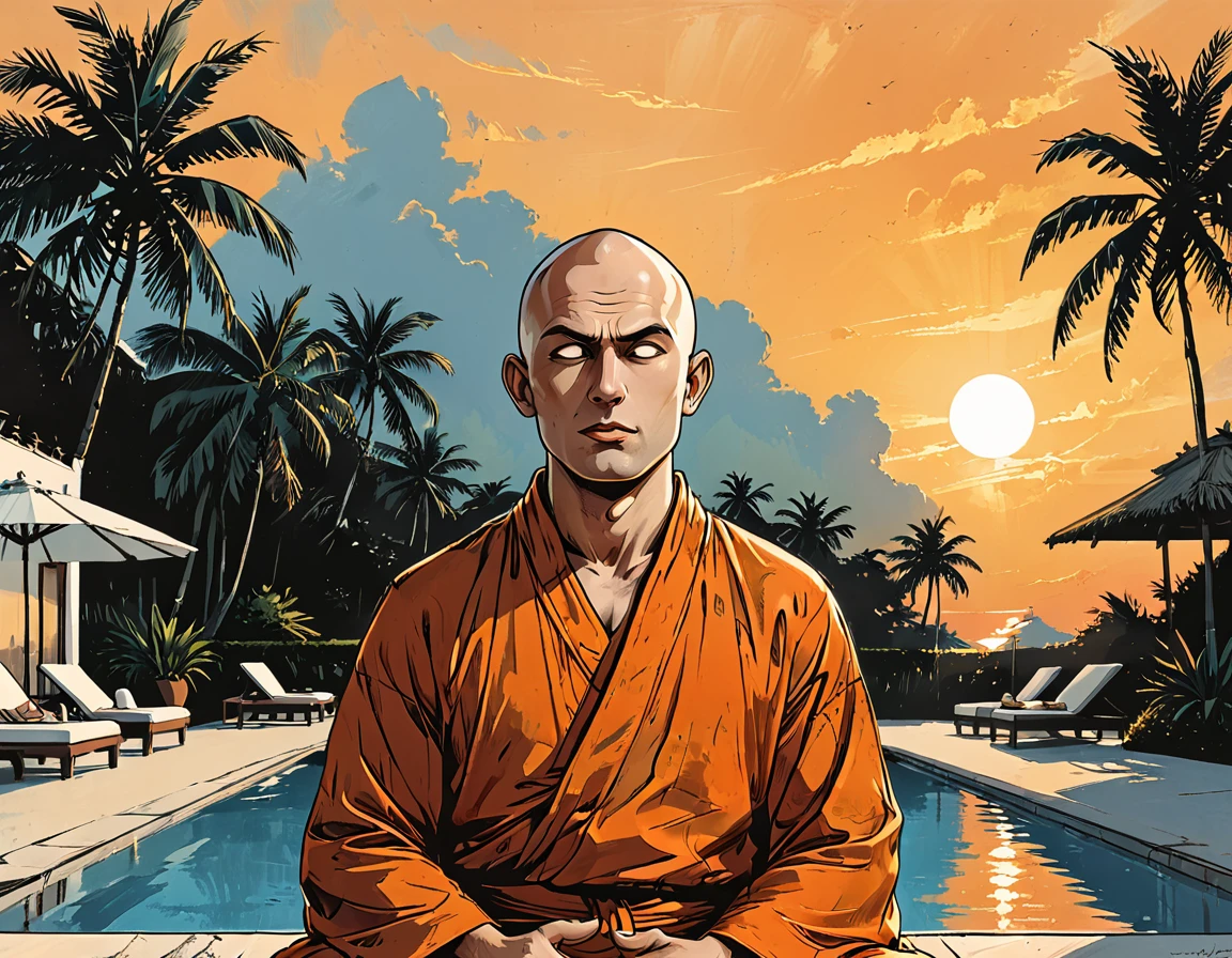 ((profile angele)),((open mouth)),(sunrise),profile portrait blind Buddhist monk sitting with open mouth next to the pool at the white hotel, tropical, palm, white hotel, pool, round face, white eyes, no eyebrows, no hair, bald, paw-eared, round cheeks, narrow lips, man, white sclera eyes, Whitewash Eyes, ((orange Kashaya)), graphic style of novel comics, perfect hands, 2d, 8k, hyperrealism, masterpiece, high resolution, best quality, ultra-detailed, super realistic, Hyperrealistic art, high-quality, ultra high res, highest detailed, lot of details, Extremely high-resolution details, incredibly lifelike, colourful, soft cinematic light,