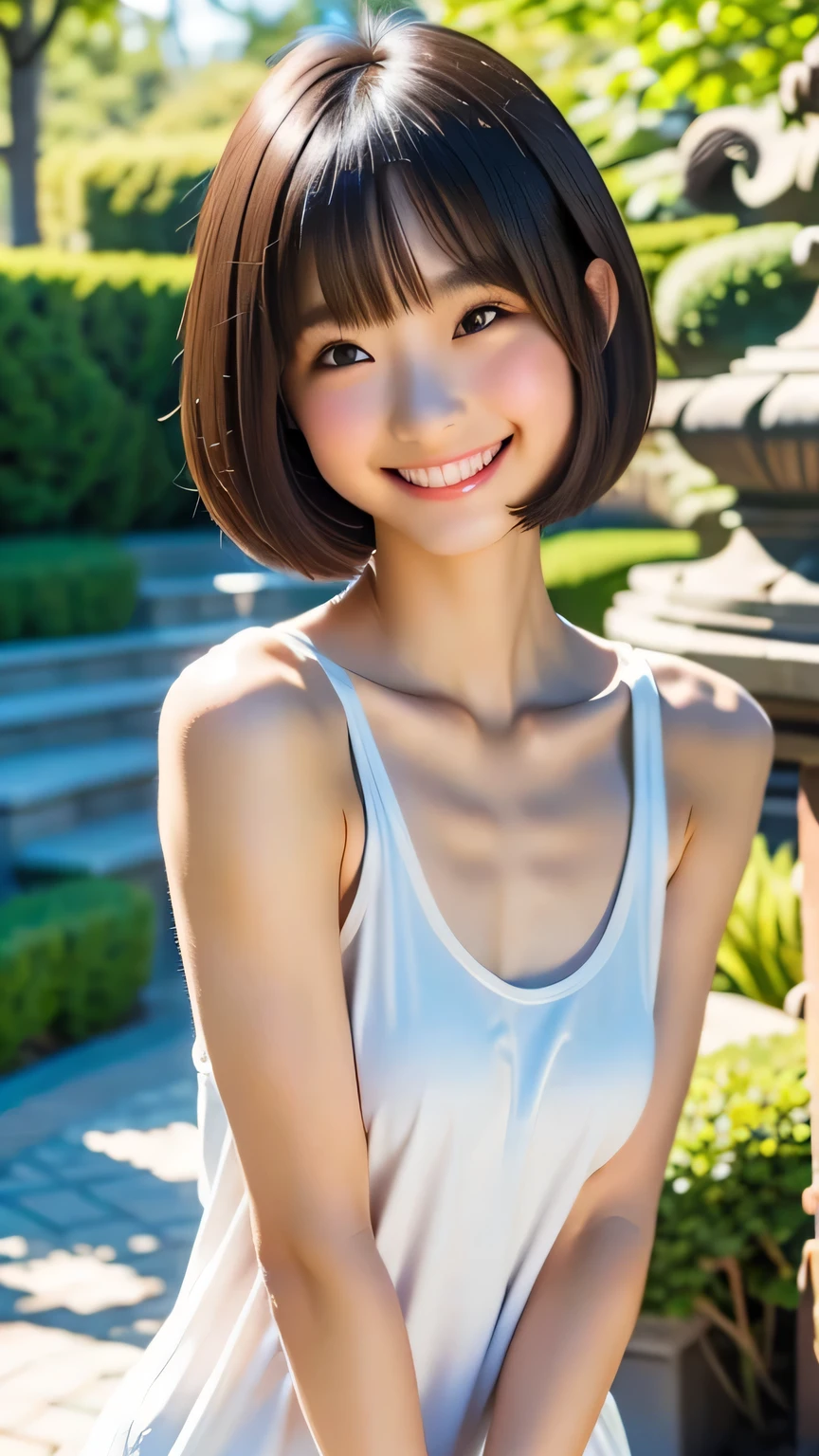 Highest quality, Soft Light, Black Hair, Bobcut,A shy smile,((Japanese)), (A loose tank top with a short length),, (Depth of written boundary), Ultra-high resolution, (Realistic: 1.4) , RAW Photos, Upper Body,Chest visible through the gap in clothes,Put your hands behind your back,Slim body,Small breasts,garden,