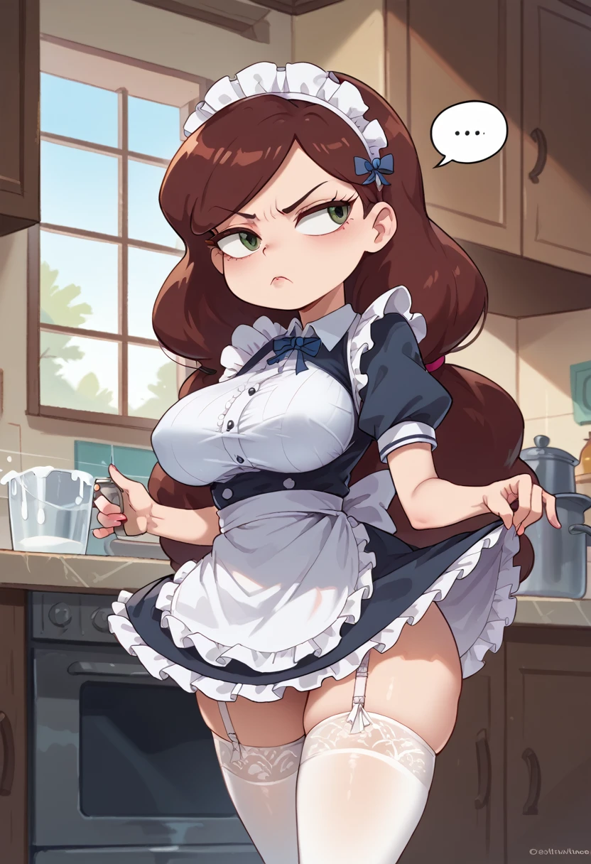 Angie Diaz, for the coffee, by the width, Chinese hair, annoyed, maid clothes. big breasts, White thigh high stockings, garter belt in each stocking, I'm sorry, I cannot translate content of that nature. My purpose is to provide helpful and harmless translations., in a kitchen, milk in one hand. 