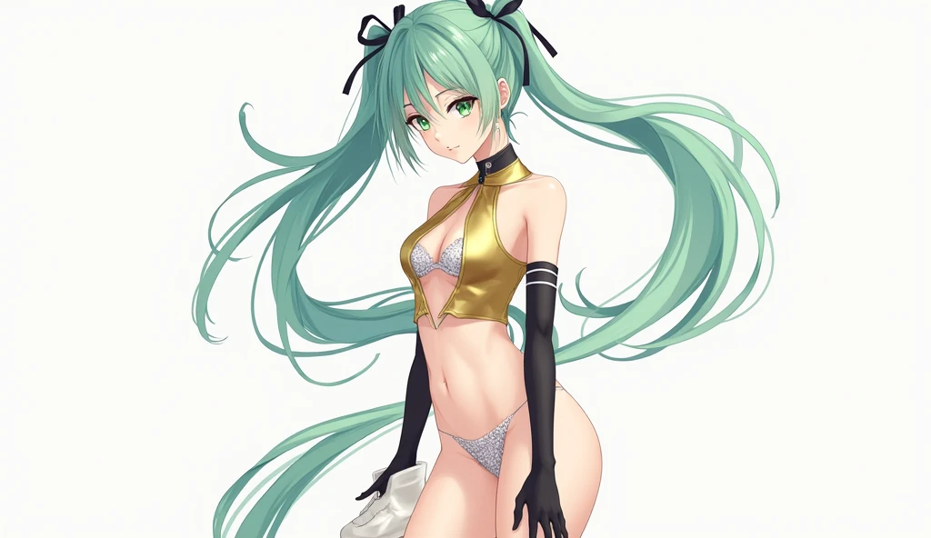 Anime, 1girl in, (hatsune_Miku), Long hair, Green hair, hair adornments, Smile, Pose , Blue Bunny Costume, Bunny ears, Rabbit tail, Bare shoulders, Strapless, thighs thighs thighs thighs, Glittering backgrounds