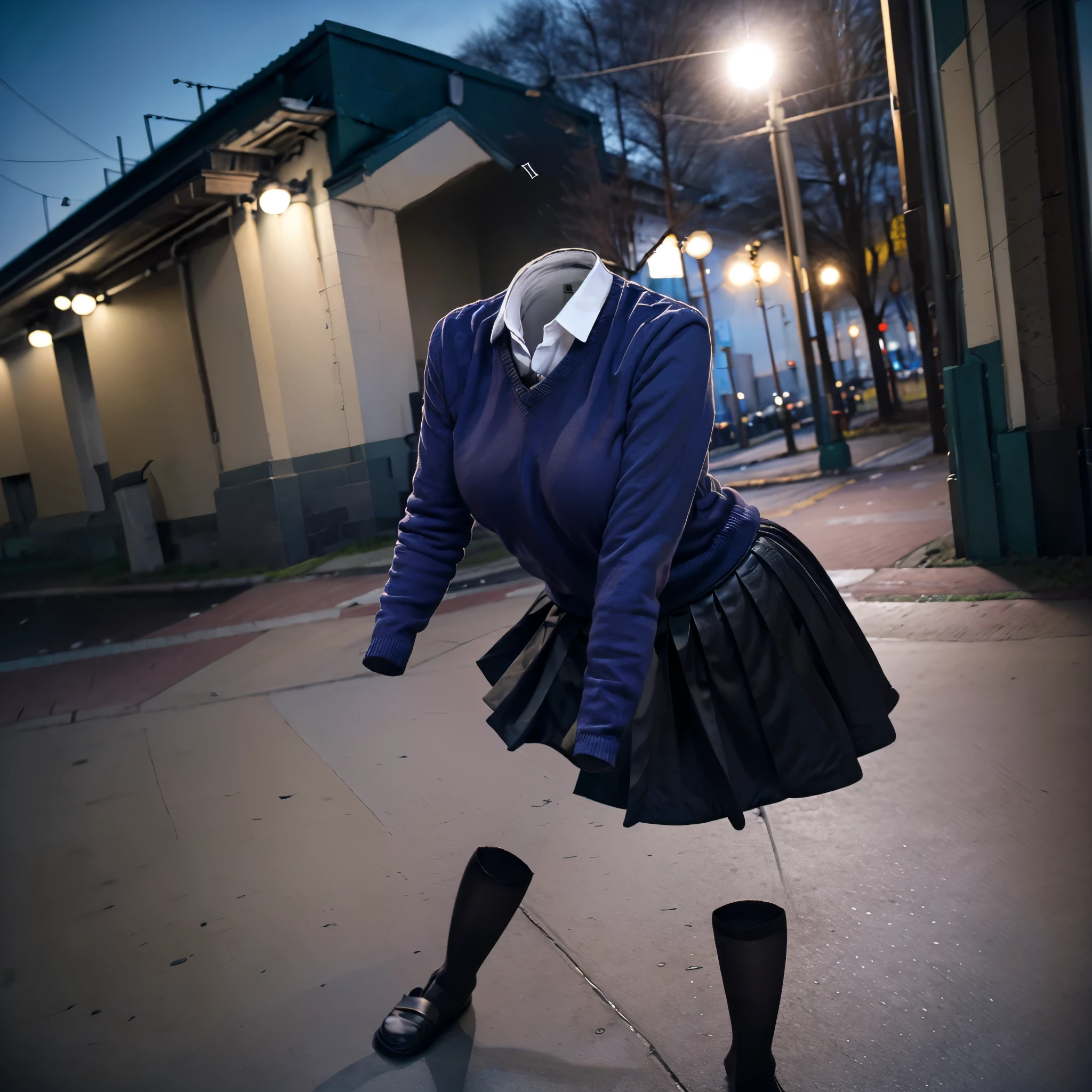 (invisible, no humans, headless, handless, faceless:1.5),(cute big breasts), (close-up to breast), dark blue sweater, necktie,white collared shirt,blue pleated skirt, pantyhose,school emblem, st. gloriana's school uniform, leaning forward, (8k, RAW photo, best quality, masterpiece:1.2), (realistic, photo-realistic:1.37), photon mapping, radiosity, ((Hasselblad photography)), physically-based rendering