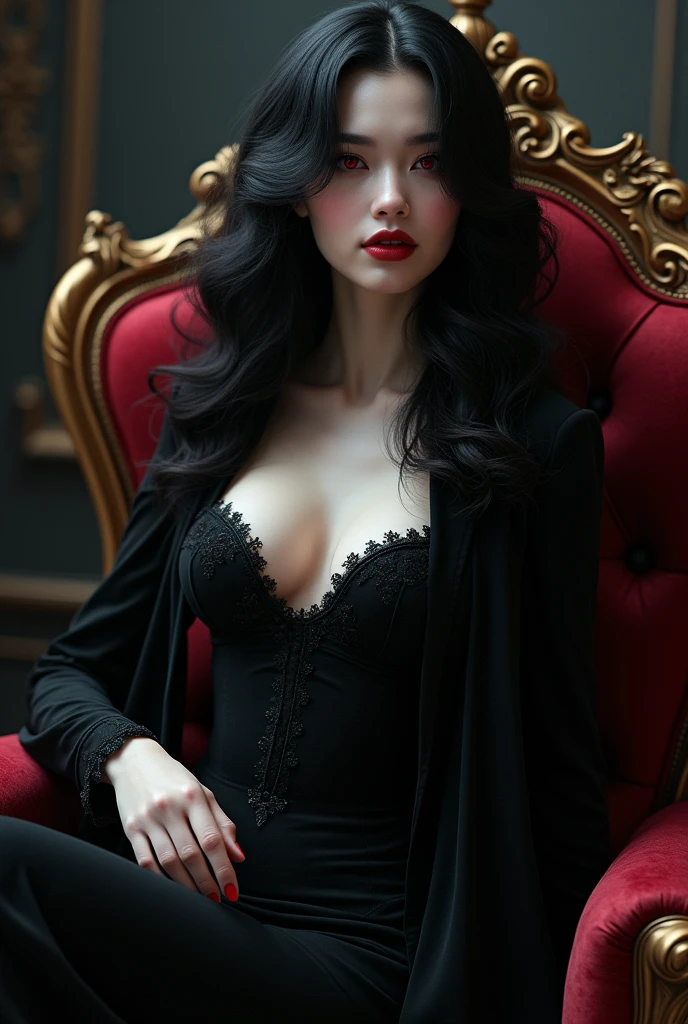 High quality, 4K, fully naked Japanese woman sitting on antique luxury chair, typical Japanese face, 1, beautiful legs, red high heels, black hair, long straight hair down to the waist, black sadistic design bustier, large bust, pearl necklace, looking at the camera,