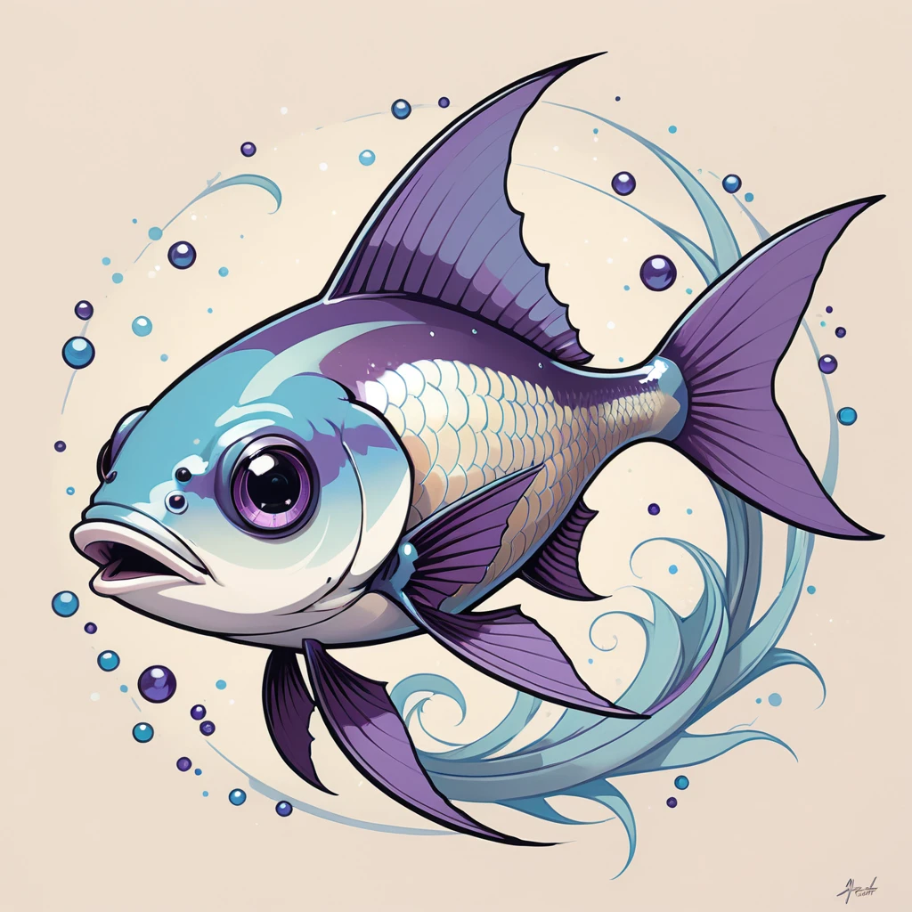 Bolt Fish with purple off-white and pale blue color palette in audrey kawasaki art style
