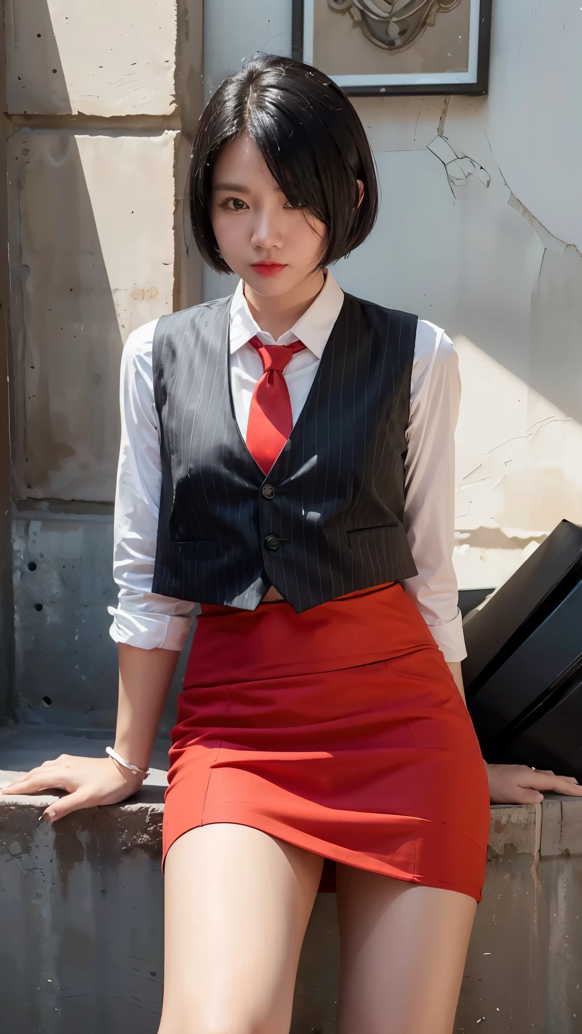 score_9, score_8_climb, score_7_climb,score_6_climb,high resolution,advert,1 girl,alone,source_anime,full body,in the castle,Black striped skirt suit, (((Three-piece suit))), (((Dress))), (((Red tie))), (((Suit shirtแฟชั่น))), (((Suit shirt))), (((vest))), double-breasted vest, (((Pencil skirt)),high-heels,short hair,black hair,realistic skin,Volumetric light,By the light,Department of Fisheries,sit,look at viewer,Sunny