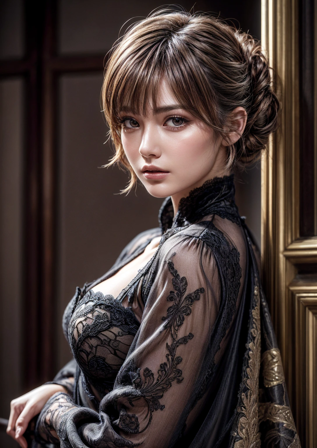 Realistic (photorealistic Realism), (high resolution), ((intricately detailed digital art)). (ultra realistic texture details: velvety skin, hair.), (ultra quality), professional photography, (masterpiece), (Highest quality), Lady, Looking at the audience, Day, in-door, Natural Wave Short Hair, pixie cut, Voluminous updo, 