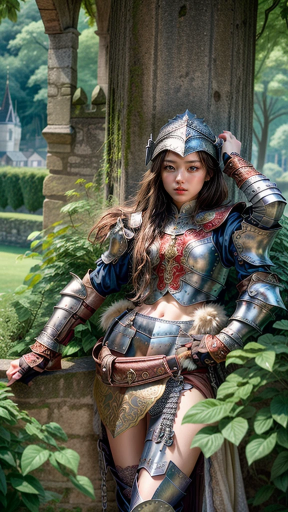 (masterpiece, best quality),  intricate details,
 1girl, guard,  town guard, armor, pauldrons, chainmail, village, castle wall, 
 