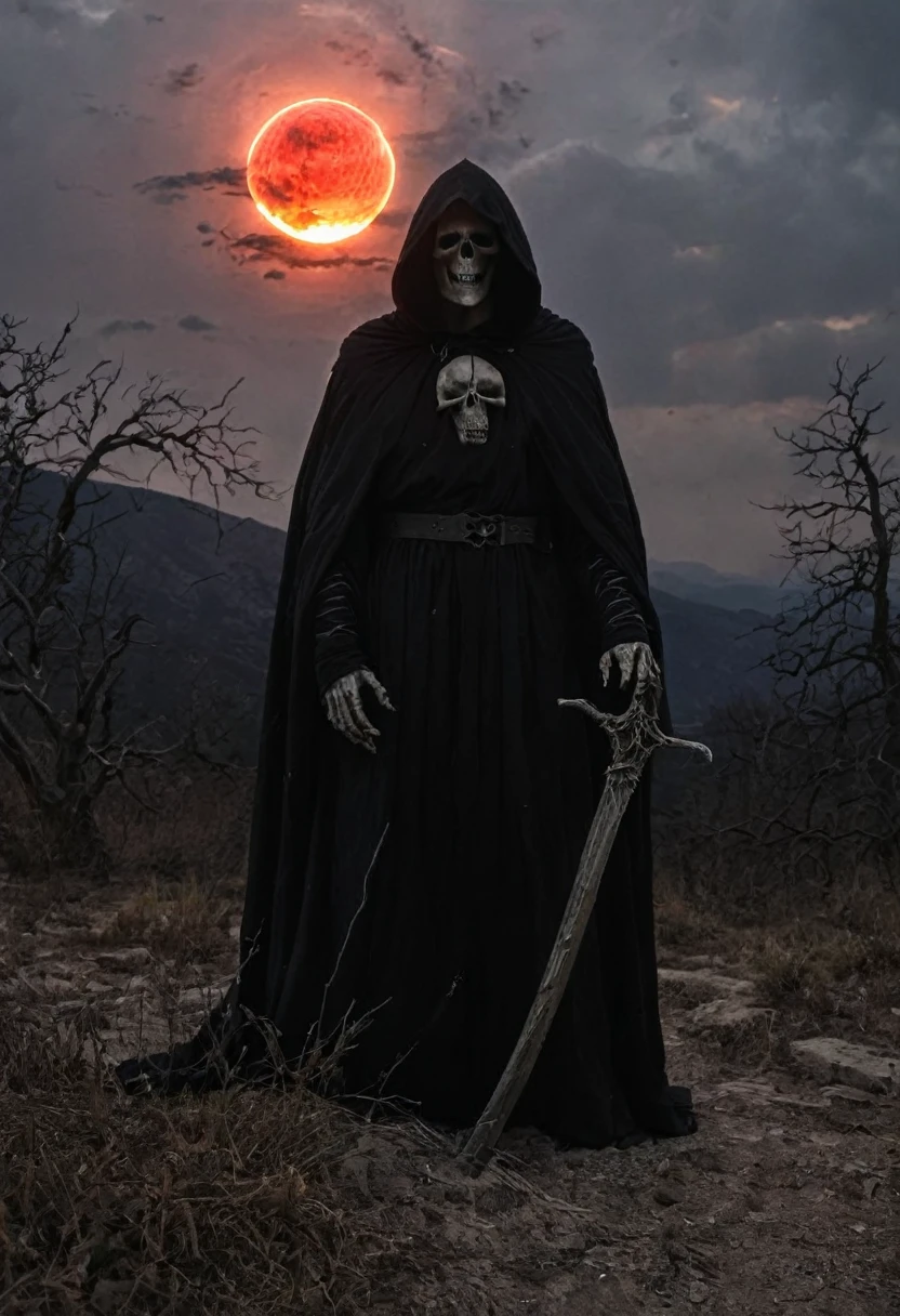 dark, atmospheric image of a towering, hooded figure resembling the Grim Reaper. The figure is cloaked in a flowing, black robe, holding an ornate scythe with intricate details. Behind the figure, a glowing red sun or moon emits a fiery aura, casting an ominous light over the scene. The setting is a desolate landscape with gnarled, dead trees and rocky terrain, creating an eerie and foreboding atmosphere. The Reaper’s skeletal face is partially obscured by the hood, and the scene is imbued with a sense of dread and power