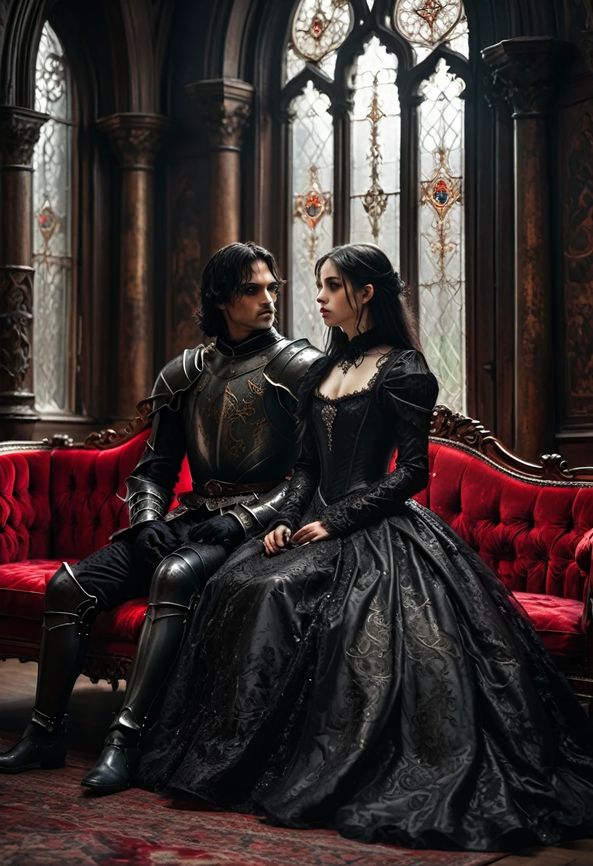 1girl and 1men,princess and knight,gothic-style scene featuring a knight in dark, ornate armor standing next to a woman seated on a luxurious red velvet sofa. The knight’s armor is detailed with intricate engravings, giving it a regal yet foreboding appearance. The woman is dressed in an elegant black Victorian gown, her expression serene and mysterious. The setting is a grand, dimly lit room with tall, arched windows casting soft light on the scene, and the gothic architecture adds to the dark, dramatic atmosphere. The knight stands protectively beside her, soul knight,evoking a sense of power and intensity, "goth girls" style