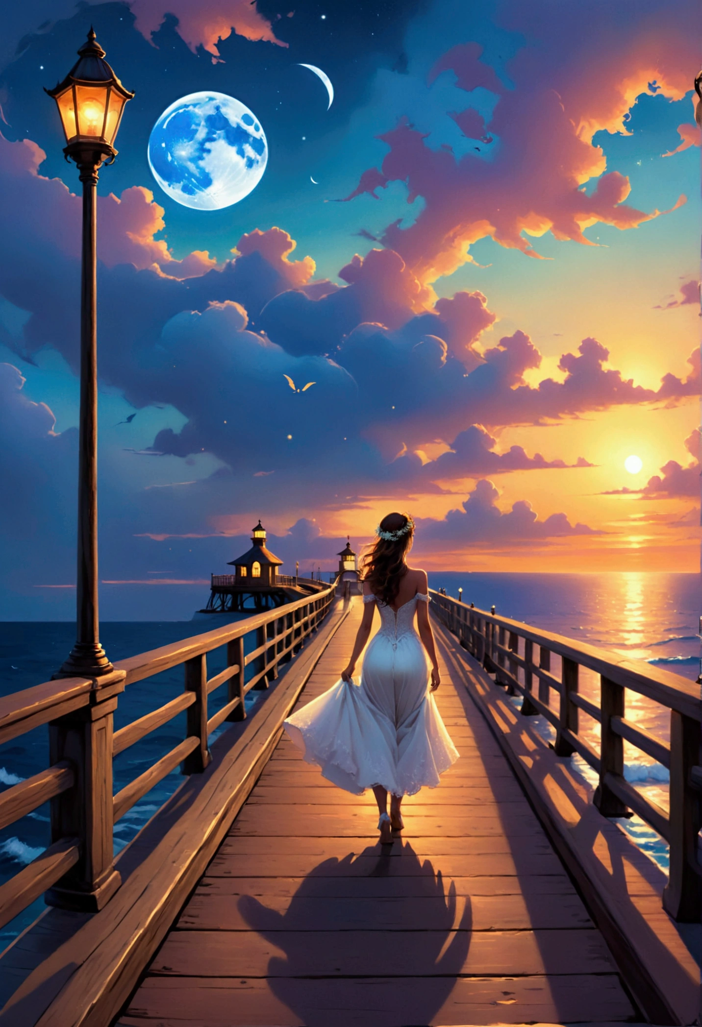 a fantasy pier at sunset a beautiful bride walking down the pier, the moon is rising there are star in the sky, there is light house at the end of the pier, romantic atmosphere , Hyperrealism style