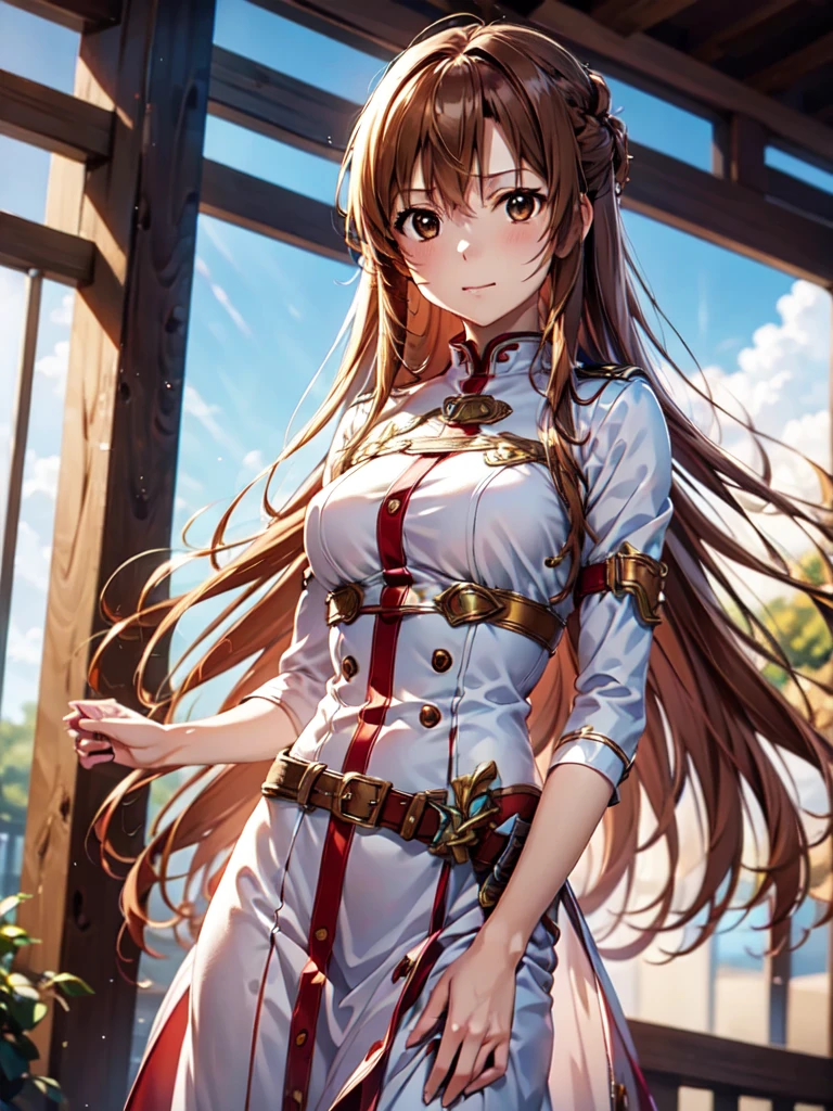 Best Photos, masterpiece、Ultra-precision、[3D Images:1.5]、Sword in hand、[[Rapier:1.10]]、Swinging the Sword、High quality anime girl with brown hair and brown eyes,Red and white uniform, 8k images、Best Photos, Realistic, Soft Light、Cowboy Shot、Absolute reference to the center