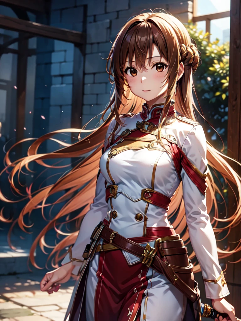 Best Photos, masterpiece、Ultra-precision、[3D Images:1.5]、Sword in hand、[[Rapier:1.10]]、Swinging the Sword、High quality anime girl with brown hair and brown eyes,Red and white uniform, 8k images、Best Photos, Realistic, Soft Light、Cowboy Shot、Absolute reference to the center