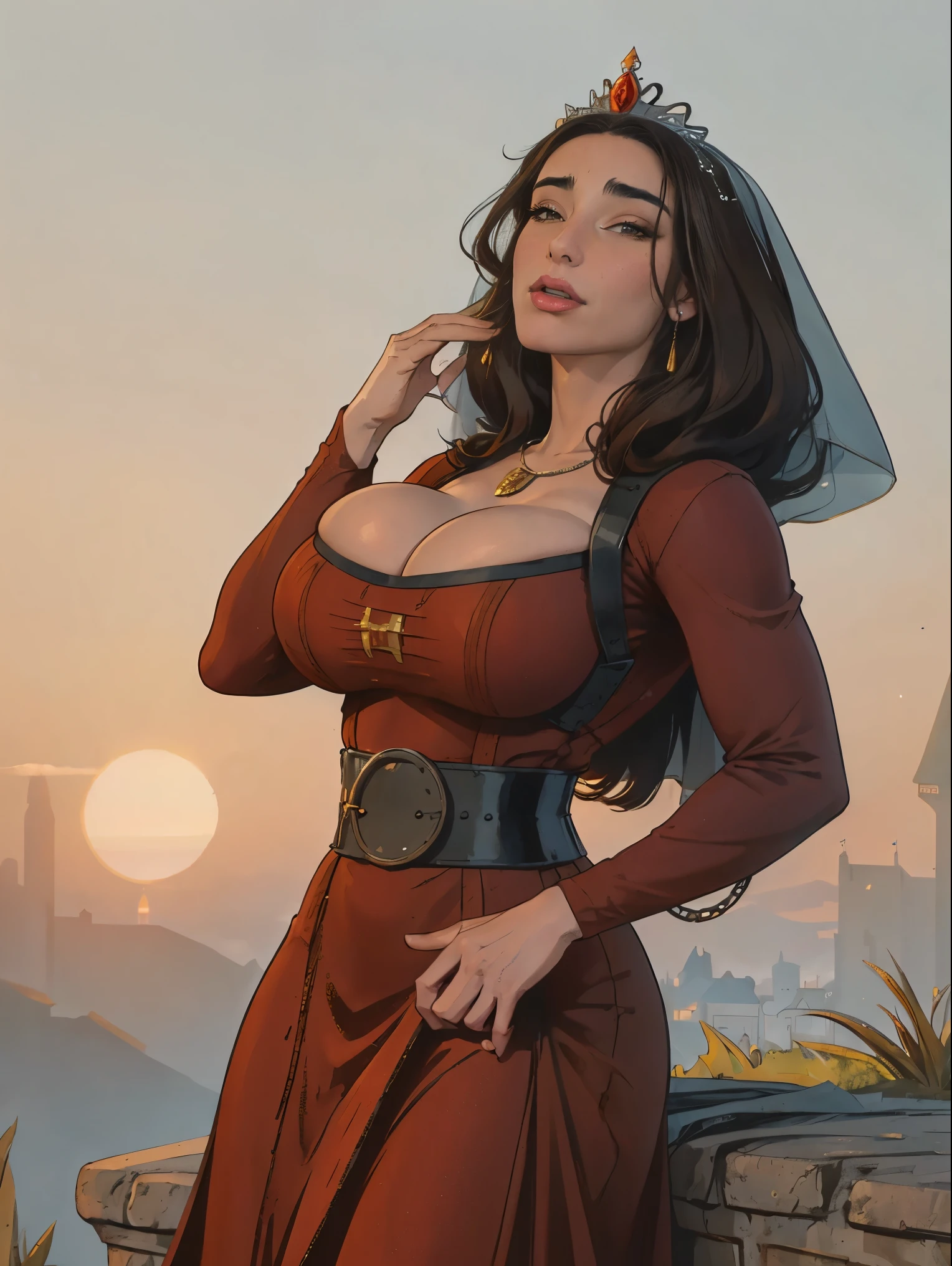 Gorgeous and sultry busty curvy (thick) indian peasant with sharp facial features with black hair down, Vidya Balan, ((viba)), glittering red mini dress, long crimson sleeves, sweetheart neckline, tight bodice, black corset cage, ancient India, valley, river, exterior, trees, countryside, evening, warm sunset. Multiple Views,