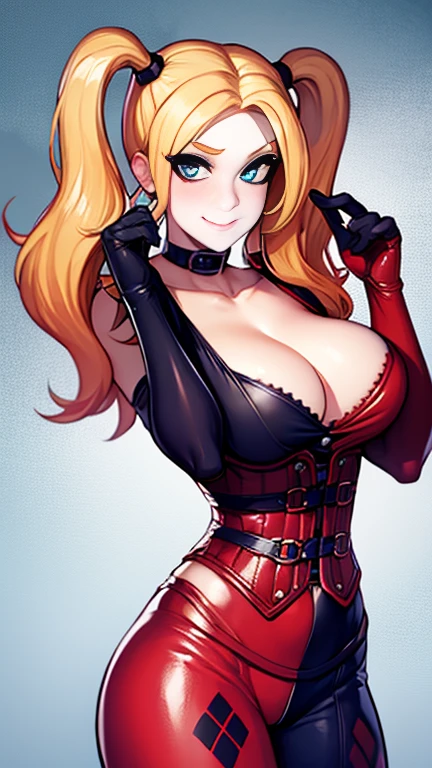 Harley quinn has large breasts and she has a cute face 