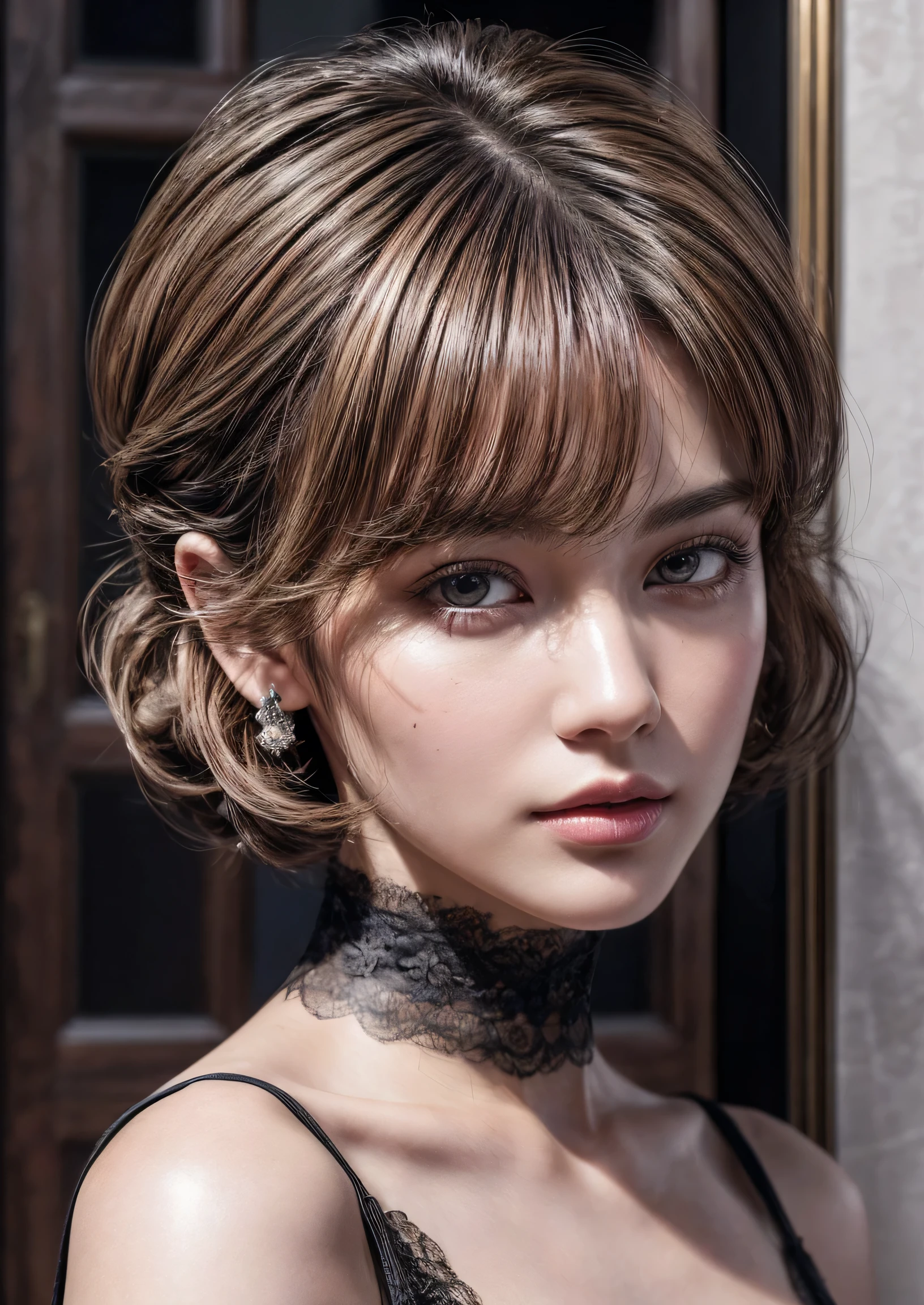 Realistic (photorealistic Realism), (high resolution), ((intricately detailed digital art)). (ultra realistic texture details: velvety skin, hair.), (ultra quality), professional photography, (masterpiece), (Highest quality), Lady, Looking at the audience, Day, in-door, Natural Wave Short Hair, pixie cut, Voluminous updo, 