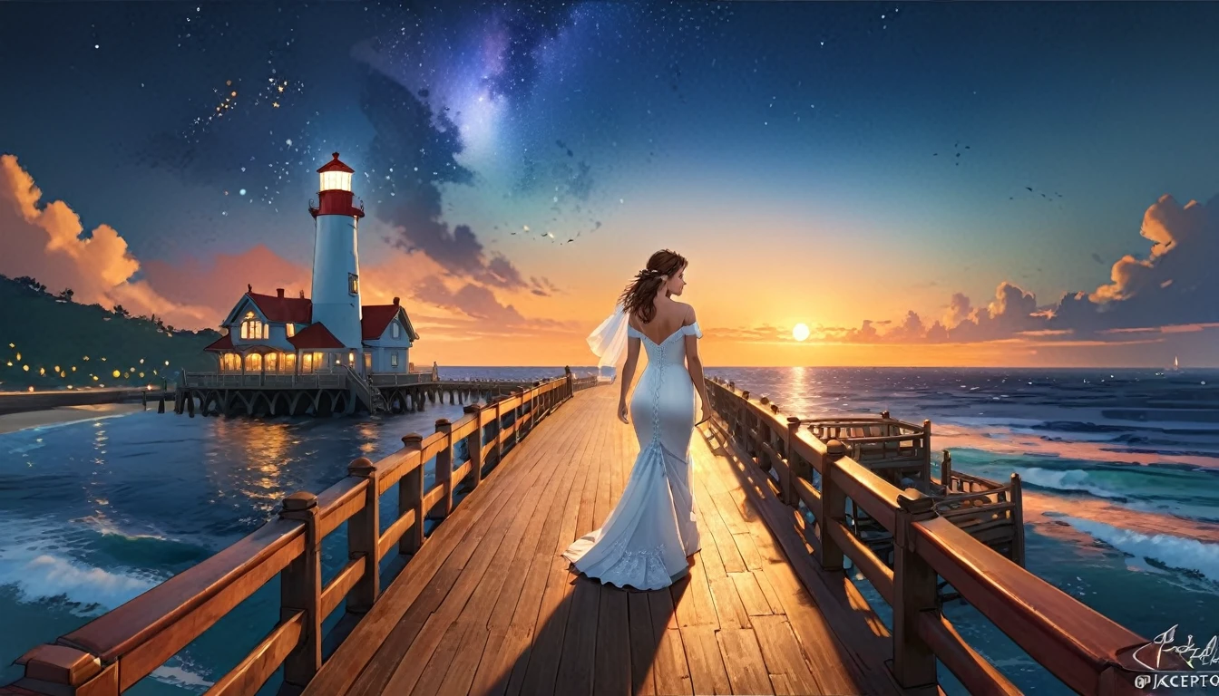 a fantasy pier at sunset a beautiful bride walking down the pier, a beautiful bride the moon is rising there are star in the sky, there is light house at the end of the pier, romantic atmosphere ,  cinematic light, High Detail, Ultra High Quality, High Resolution, 16K Resolution, Ultra HD Pictures, Ultra Realistic, Clear Details, Realistic Detail, Ultra High Definition, Hyperrealism style