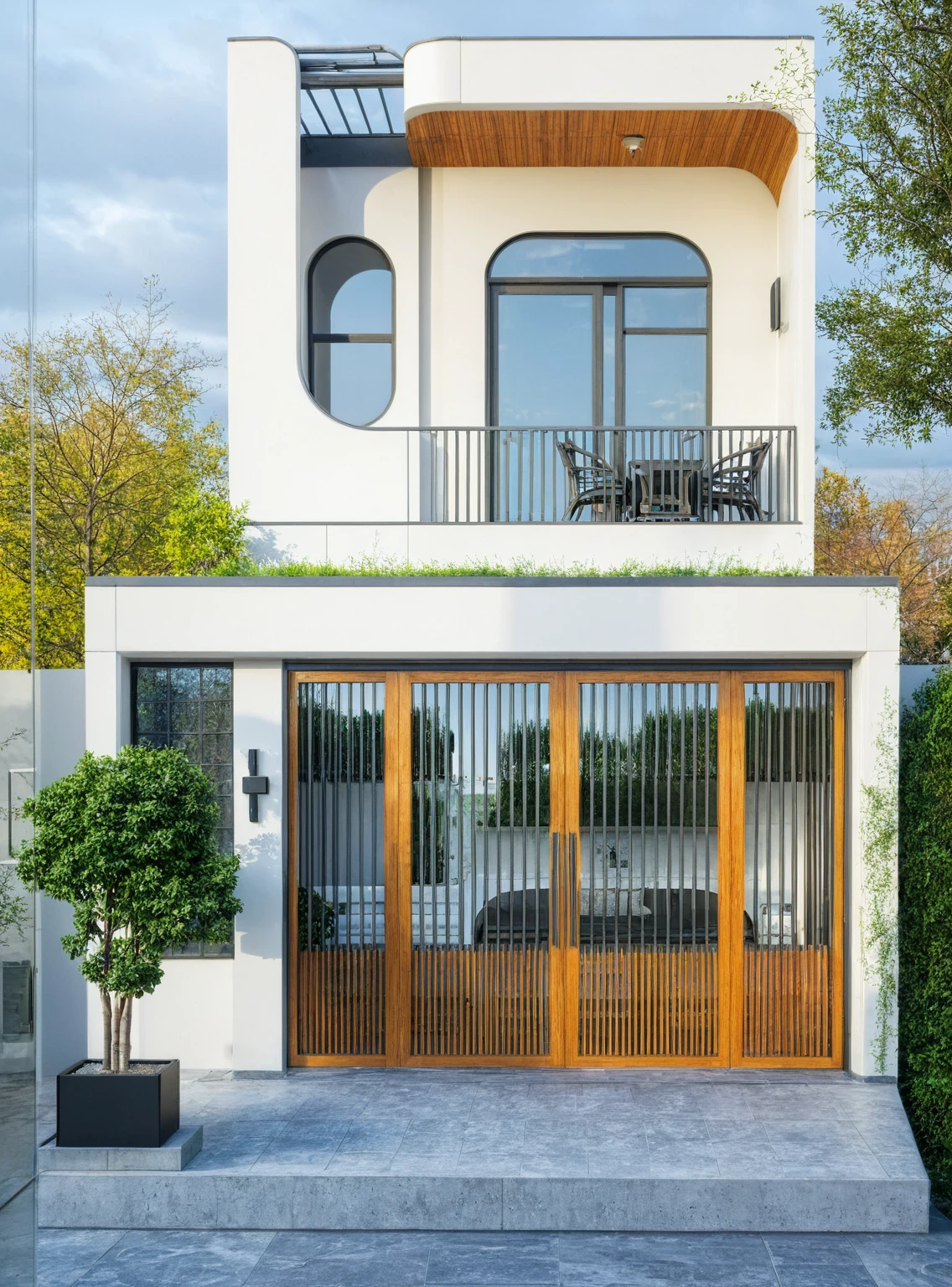 (RAW photo, masterpiece, best quality,ultra-detailed, extremely delicate and beautiful, highresolution, best shadow:1.1),modern house, streetcapes, (overcast:1.2), early morning, tree and plant around, joyful vibe, wood, white wall and wooden ceiling, steel gate,