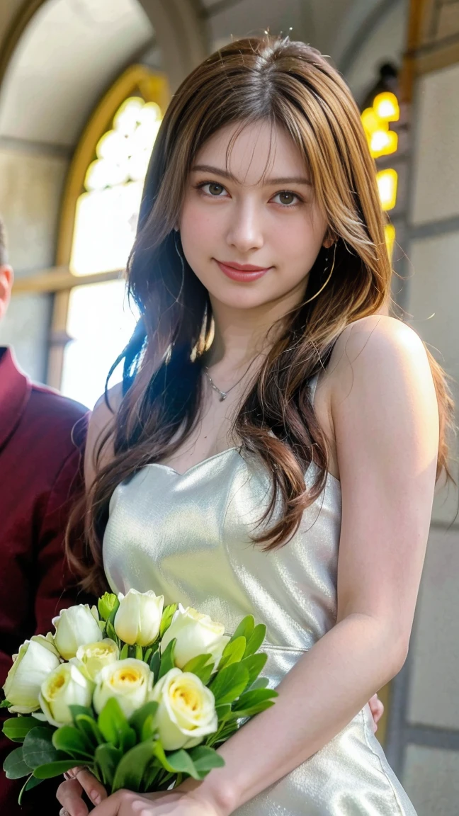 (Highest quality, masterpiece:1.2), (Realistic:1.3),, (ultra-Detailed Background, Detailed Background), Bokeh,, , Gorgeous Prom Dresses, Luxury Prom Dresses, Wedding dress, Bridal Veil, Bridal Gauntlet, Bridal Cascading Bouquet,, Upper Body,, Church wedding,, , One girl, cute, Teen, Pause, smile,, Dynamic Angle, ダイナミックなPause,, , Very long hair