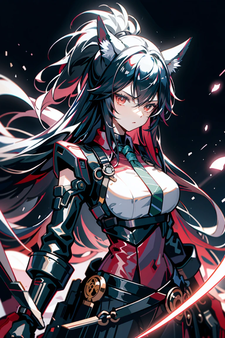 black hair，Long hair，Holding two swords，whole body(best quality, Detailed background, high resolution, ridiculous, bloom, disheveled hair, shiny hair, exposed to light, High and cold, Focused and meticulous gaze)Seductive girl，Thin waist，Big ，Looking at the camera，calm，serious，whole body，portrait，Face lens