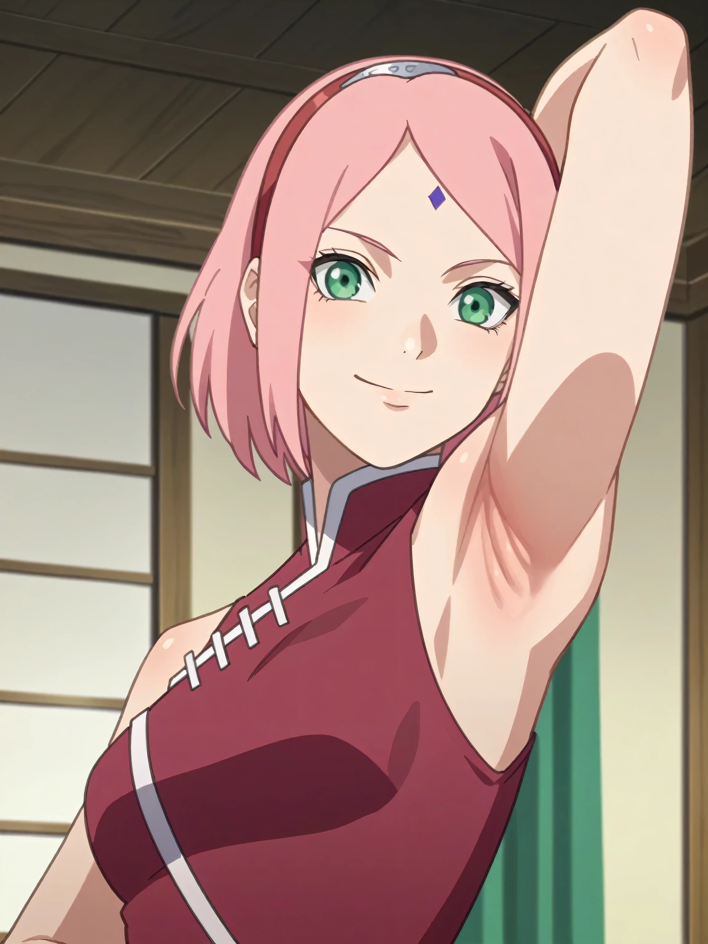 score_9, score_8_up, score_7_up, source_anime, anime screencap, 1girl, solo, indoors, haruno sakura, pink hair, short hair, green eyes, forehead mark, hairband, red sleeveless dress, medium breasts, bare shoulders, bare arms, looking at viewer, eye contact with viewer, head towards viewer, smile, closed mouth, arm behind head, armpit, mature female, from side, from below, armpit up close, close-up of armpit 