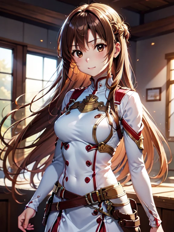 Best Photos, masterpiece、Ultra-precision、[3D Images:1.5]、Sword in hand、[[Rapier:1.10]]、Swinging the Sword、High quality anime girl with brown hair and brown eyes,Red and white uniform, 8k images、Best Photos, Realistic, Soft Light、Cowboy Shot、Absolute reference to the center