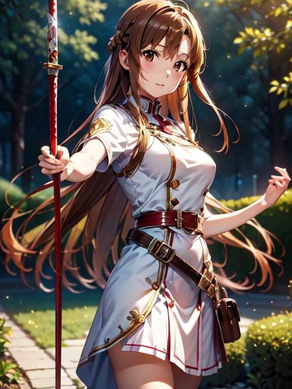 Best Photos, masterpiece、Ultra-precision、[3D Images:1.5]、Sword in hand、[[Rapier:1.10]]、Swinging the Sword、High quality anime girl with brown hair and brown eyes,Red and white uniform, 8k images、Best Photos, Realistic, Soft Light、Cowboy Shot、Absolute reference to the center