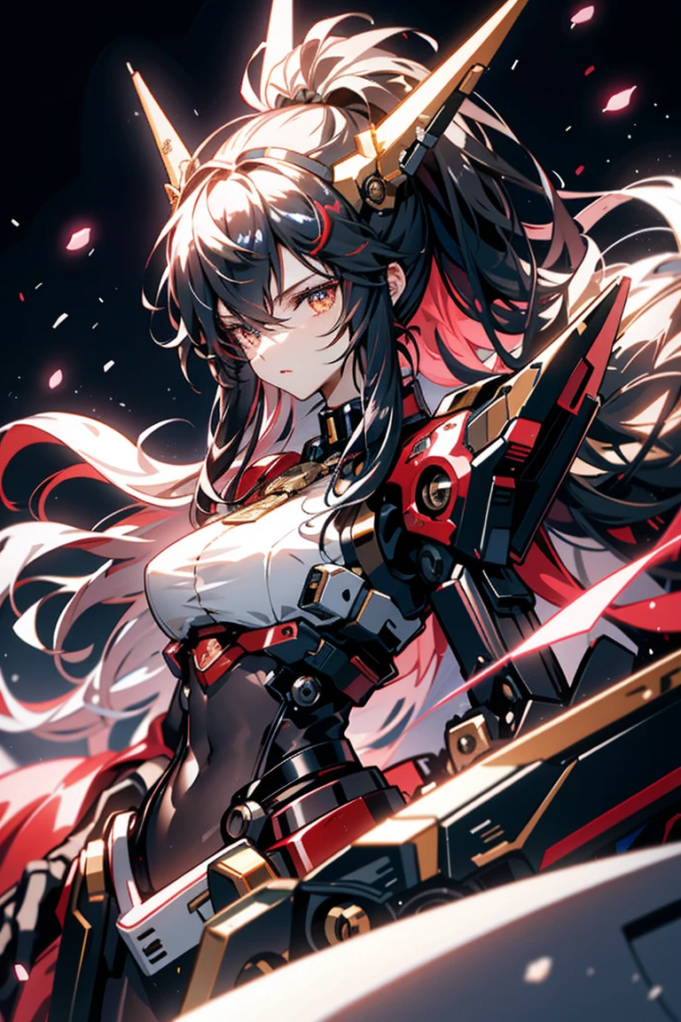 black hair，Long hair，Holding two swords，Mecha Girl，whole body(best quality, Detailed background, high resolution, ridiculous, bloom, disheveled hair, shiny hair, exposed to light, High and cold, Focused and meticulous gaze)Seductive girl，Thin waist，Big ，Looking at the camera，calm，serious，whole body，portrait，Face lens