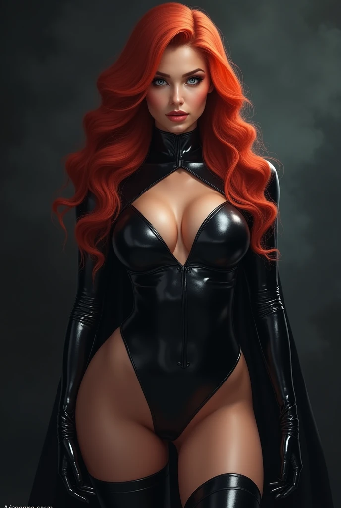 a woman with red lipstick has armor on and is holding a sword, kirijou mitsuru, 1girl, solo, hair over one eye, long hair, (((red hair))), (((red eyes))), weapon, rapier, sword, bodysuit, black bodysuit, grey bodysuit, hand on hip, (((large breasts))), simple background, white background, (purple theme:1.2)