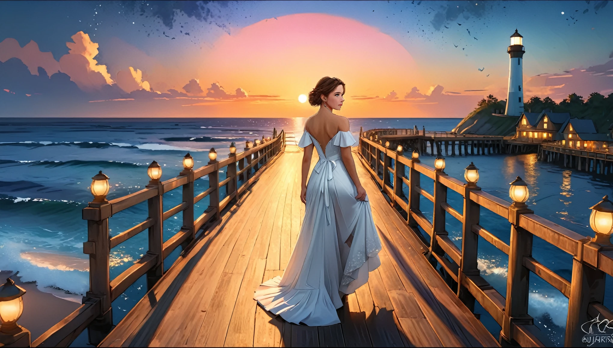 a fantasy pier at sunset a beautiful bride walking down the pier, a beautiful bride the moon is rising there are star in the sky, there is light house at the end of the pier, romantic atmosphere ,  cinematic light, High Detail, Ultra High Quality, High Resolution, 16K Resolution, Ultra HD Pictures, Ultra Realistic, Clear Details, Realistic Detail, Ultra High Definition, Hyperrealism style