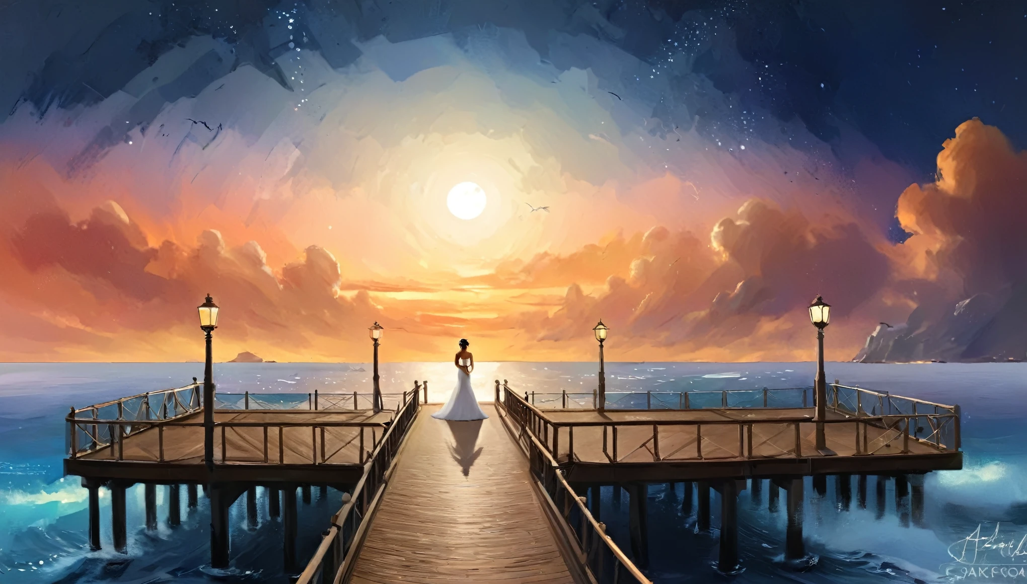 a fantasy pier at sunset a beautiful bride walking down the pier, the moon is rising there are star in the sky, there is light house at the end of the pier, romantic atmosphere , Hyperrealism style