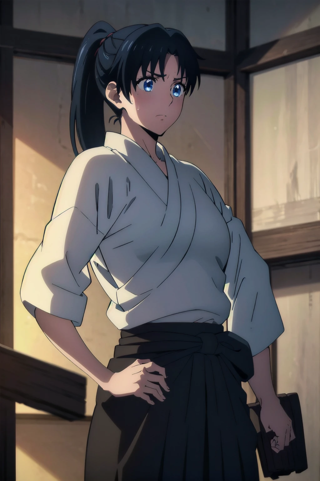 score_9, score_8_up, score_7_up, score_6_up,
uncensored,
1girl, kaoru kamiya, blue eyes, black hair, medium breasts, 
japanese clothes, ponytail, brown hakama, skirt, hakama, hakama skirt,
holding wooden sword 
looking at viewer, solo,
outdoors,night, night sky, 
Mountain paths, temple, 
look up,angry, 
standing, full body,  fighting stance, 
(from below:1.1),  (dutch angle:1.2),
masterpiece, best quality,    Highest quality, High resolution、Big Breasts、Sad expression、Browsing Caution、white breath、A shy look、shame、Humiliating、unfortunate、blush、Sweaty、White skin、((Cowboy Shot))Black Hairゴム、Kaoru、Blue eyes, Black Hair, ponytail , BREAK looking at viewer, BREAK outdoors, BREAK (Tabletop:1.2), (Beautiful detaileded eyes:1.6), extra detaileded face, Perfect lighting, (Perfect hands, Perfect Anatomy)、Mature Woman、Large areola、(masterpiece、Highest quality)、 超High resolution, (Realistic:1.4),(Realistic:1.4)、 (超High resolution:1.2), High resolution、A perfect masterpiece, Highest quality, family friendly, Soft dim lighting, addition_detailed, Good lighting、A highly detaileded、Highly detaileded CG Unity 8K wallpapers、Raising awareness、((beautifull detaileded face))、Side lighting、((Raising awarenessnbest))、Highly detaileded eyes、Perfect lighting、(1 person)、Focus Only、Glowing Skin