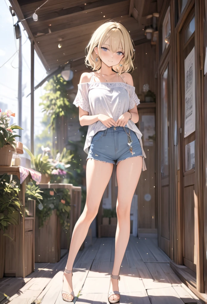 ((masterpiece)),(((Highest quality))),Thin thighs,Long legs,whole body:1.5，(One Girl:1.3),(More beautiful casual summer outfits：1.3),(Wearing light casual clothes:1.2),Short Blonde:1.2、Model pose，Gravure idol、
、flowerpunk、Sparkling light particles、Vivid gradient effect