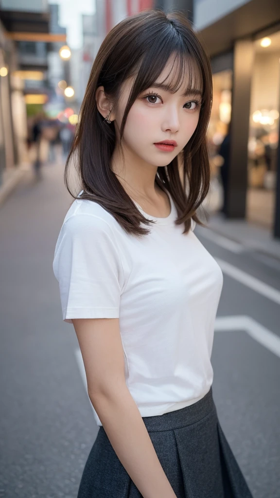 light brown hair、brown hair、hair between eyes、hair behind the ear、short hair、white shirt、uniform、front、negative space、Lens flare、Bokeh、 wide angle、超wide angle、f/1.8、35mm、realism、Depth of the bounds written、futuristic、UHD、retina、masterpiece、correct、anatomically correct、textured skin、super detail、high detail、high quality、 最high quality、High resolution、8K、cyber punk、Ultra-futuristic、Digital、on top of the building、Blowing in the wind、fluttering skirt、POV、at hand