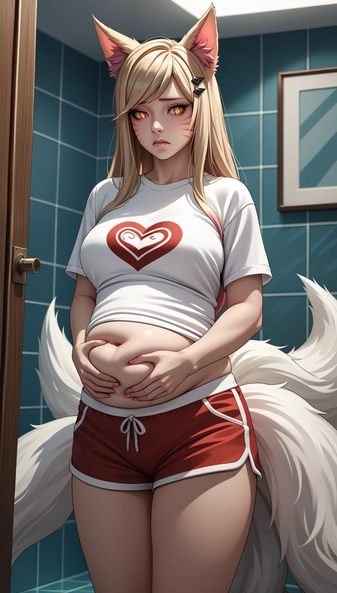 8k, masterpiece, very realistic, Full body Sexy pregnant cheerleader, very slim waist, slim thighs, red cheerleader dress, white cheer crop top, long wavy red hair, medium breasts, pregnant, curved back, from the back, 