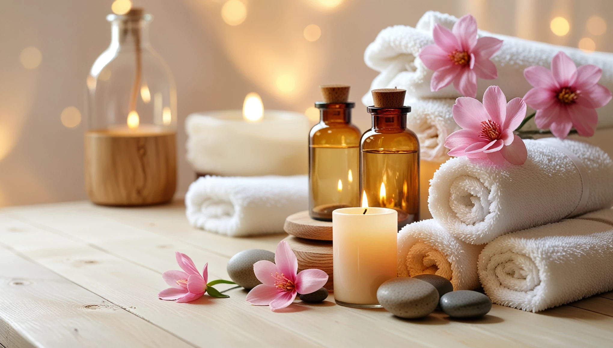 towel, Candles, There are flowers and candles on the table, relax, relax mood, Beautiful shots, relax atmosphere, appease, Soft glow, spa, Perfect detail, Serene landscape, Sublime and cozy atmosphere, Clean and neat design, relax environment, Peaceful atmosphere, Candy Treatment, Beautifully illuminated, Detailed in software, Peaceful mood, Cleanse the skin of the face and body、８K