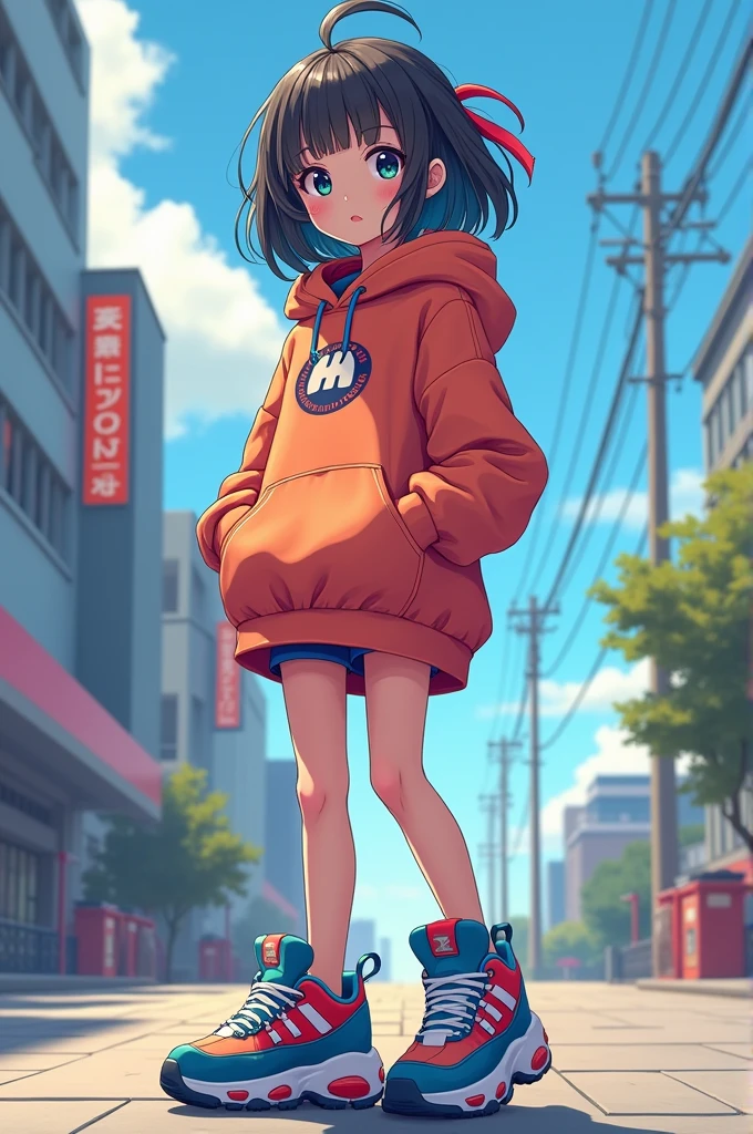 Anime style, teenage, Femboy with brown hair and circle glasses. Wearing a hoodie and short shorts. Wearing converse hightop shoes.
